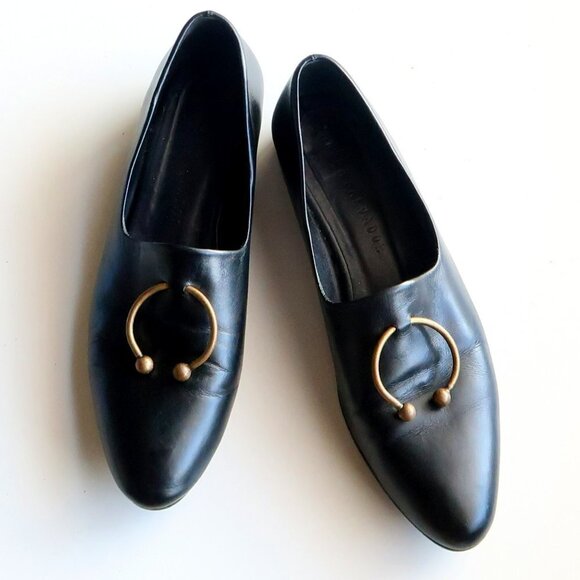Freda Salvador Black Leather Low Heel Loafers Slip-on Shoes with Ring Detail - Picture 3 of 16